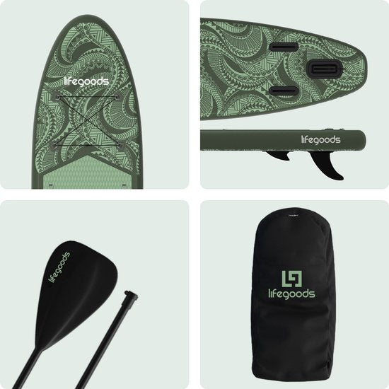 LifeGoods SUP Board Allround Compact - 100 KG Draagkracht - 300 x 76 cm - Opblaasbaar - Compleet SUP pakket - Groen/Legergroen