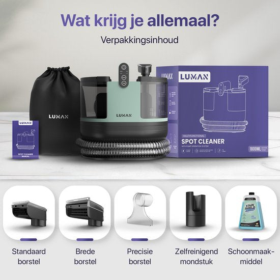 LUMAN 4-in-1 Tapijtreiniger – Zelfreinigend – Voor Bank, Vloer & Auto – 4 Borstels – Incl. Schoonmaakmiddel
