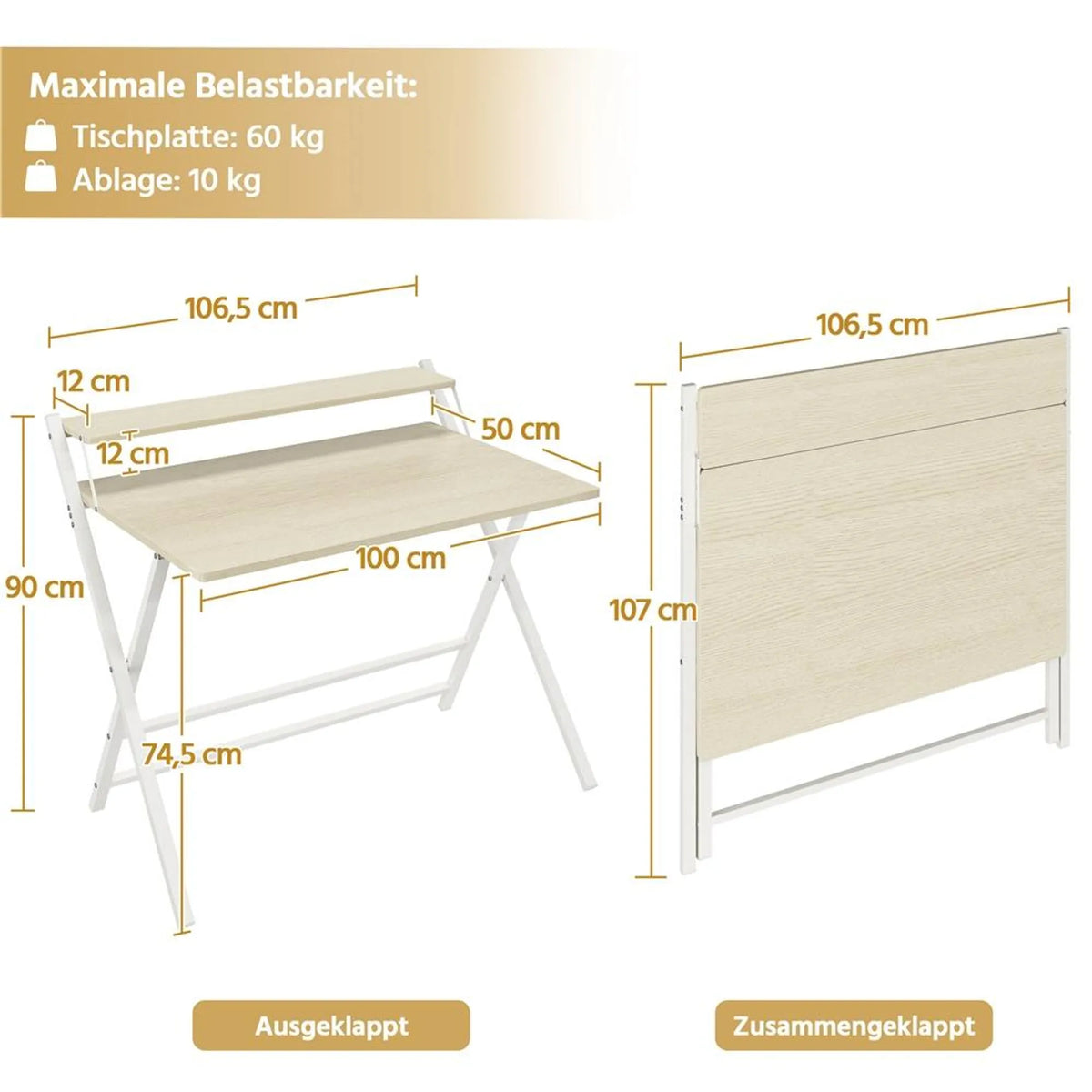 Yaheetech Inklapbaar Computerbureau met Monitorstandaard – 106,5 x 60,5 x 90 cm – Licht Hout