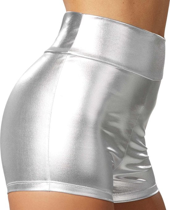 Dressforfun Metallic hotpants zilver S - verkleedkleding kostuum halloween verkleden feestkleding carnavalskleding carnaval feestkledij partykleding - 303572