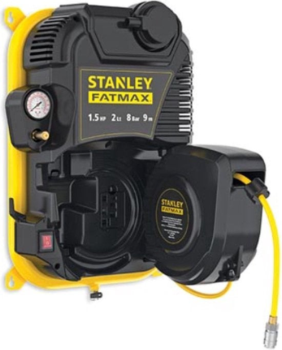 Stanley Fatmax Compressor, olievrije luchtcompressor met zelfoprollende kabelhaspel, muurbevestiging, 1.5 pk, 8 bar, tankinhoud 2 L