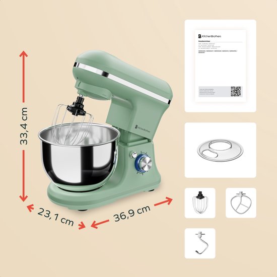 KitchenBrothers Keukenmachine - 1200W - Keukenrobot - 5L - Broodmixer - Mixer met Mengkom - Keukenmixer - Pastelgroen