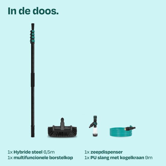 VONROC Hybride Telescopische Wasborstel – Aluminium/3K Volledig Carbon – 6,5 m - Incl. 5-vlaks borstelkop, 9m waterslang en zeepdispenser