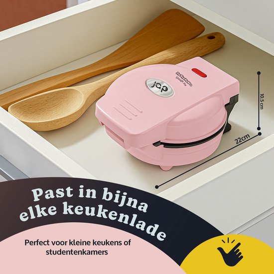 JAP Appliances Dough Joy Wafelijzer - Wafelmaker voor 1 Ronde Wafel - Anti-aanbaklaag - indicatielampje - Wafels van 16x16 cm - Roze