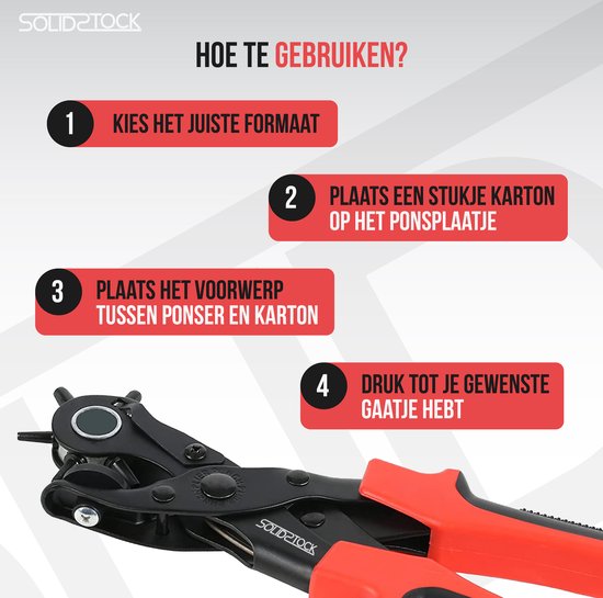 SolidStock Gaatjestang voor riem - met Meetlat - Ponstang - Revolvertang - Gatentang - Rood