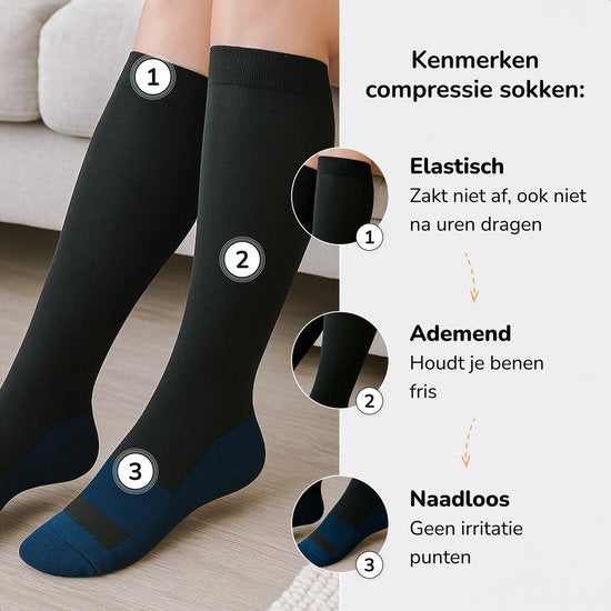 Alyze Compressie kousen - 2 paar - Maat 36-41 - Hoog - Sokken voor mannen & vrouwen - Medische - Neuropathie - Steunkousen - Diabetes - Doorbloeding, Hardlopen, Vliegtuig, Bed - Zwart