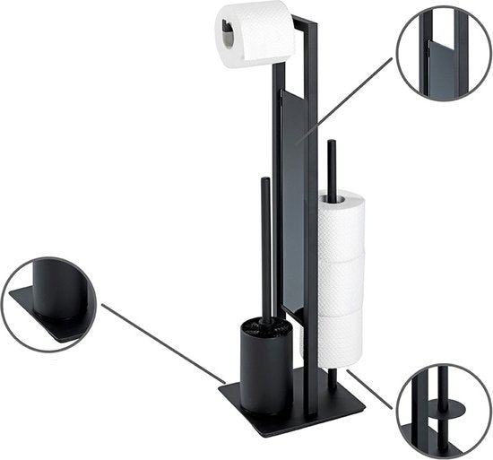 WENKO Toiletbutler Rivalta zwart - Toiletborstel met houder, Toiletrolhouder en Reserverolhouder vrijstaand