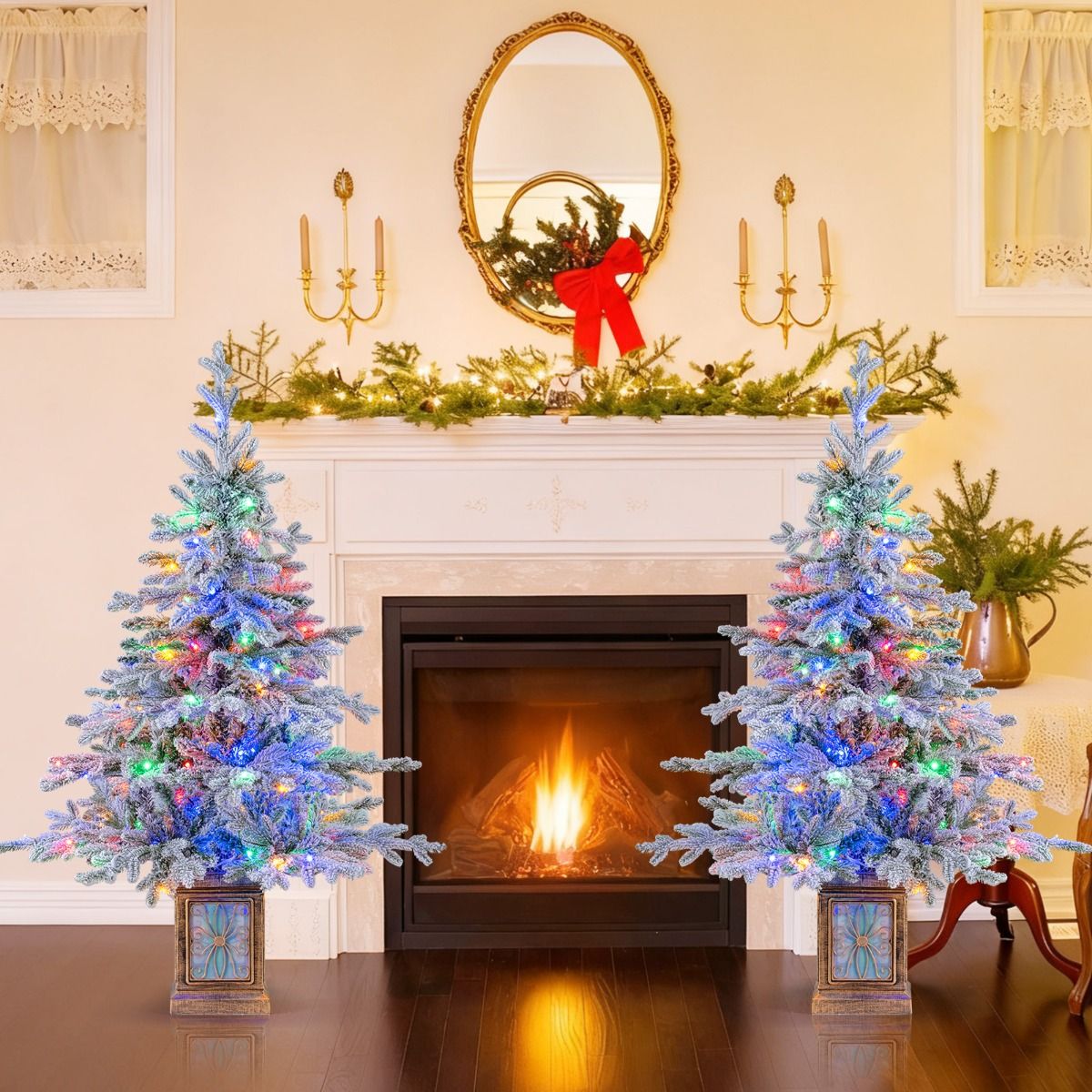 Coast Kunstkerstboom 120 cm Groen/Wit – Met Sneeuw – 100 LED Meerkleurig & Warmwit – In Antieke Pot