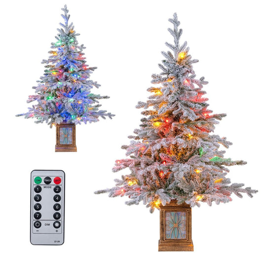 Coast Kunstkerstboom 120 cm Groen/Wit – Met Sneeuw – 100 LED Meerkleurig & Warmwit – In Antieke Pot