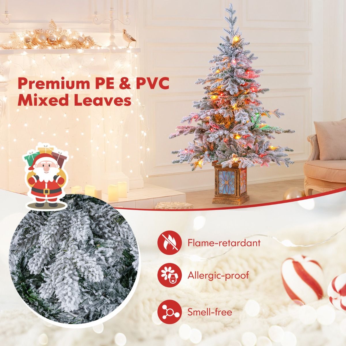 Coast Kunstkerstboom 120 cm Groen/Wit – Met Sneeuw – 100 LED Meerkleurig & Warmwit – In Antieke Pot