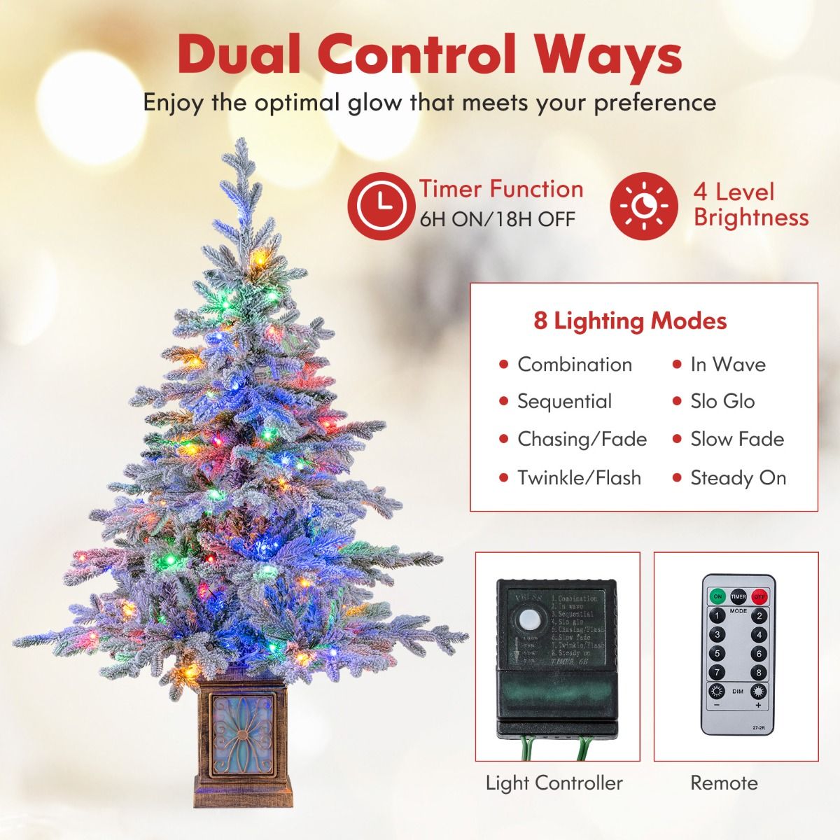 Coast Kunstkerstboom 120 cm Groen/Wit – Met Sneeuw – 100 LED Meerkleurig & Warmwit – In Antieke Pot