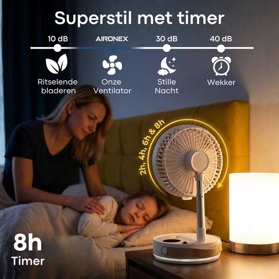 Aironex Opvouwbare Draagbare Ventilator – Stille Tafelventilator & Staande Ventilator – USB Oplaadbaar en Draadloos met LED-licht – Compacte Mini Ventilator voor Bureau, Slaapkamer, Thuis, Kantoor & Camping - Ventilatoren