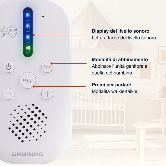 Grundig DECT Audio Babyfoon - Baby Monitor met 150M bereik - Ouder- en Babyunit - met LED Geluidsindicatie en Terugspreekfunctie - Babykamer Accessoires - Wit