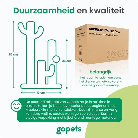 Gopets Krabpaal Cactus - Cactus Krabpaal met Touw - Krabplank modern design - Krabmeubel met Speeltje - 33 x 52 cm