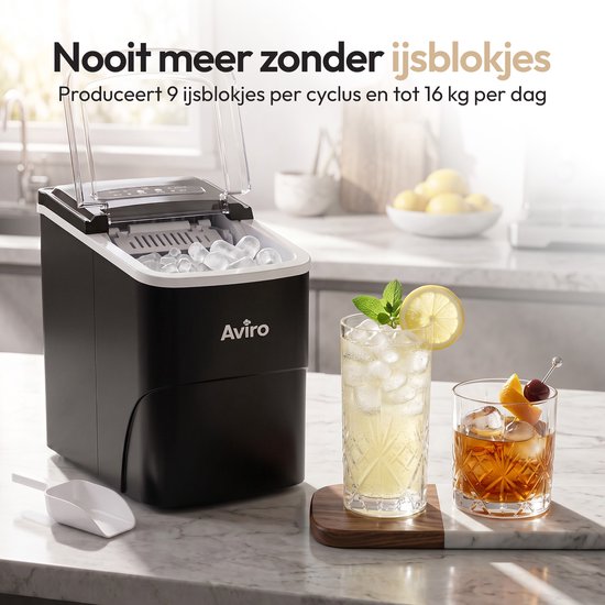 Aviro Ijsblokjesmachine XL - 2L - Met IJsschep - IJsblokjesmaker - 16KG / 24U - Zelfreinigingsfunctie - Zwart