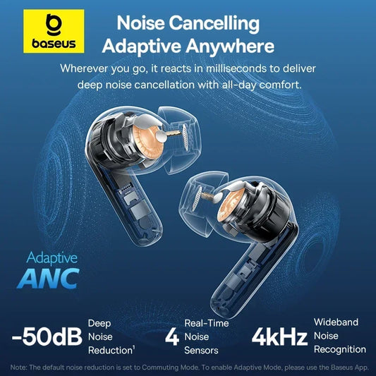 Baseus Bass EP10 Pro TWS Oordopjes - 50dB Adaptieve ANC - Bluetooth 6.0 - LDAC - IP55 - Zwart - 55 uur