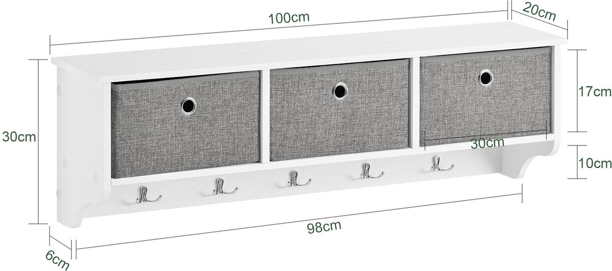 SoBuy FRG282-W Wandkapstok met 3 Lades – Kapstok met 5 Haken & Opbergvakken, Wandrek Halmeubel, Wit-Grijs, 100x20x30cm