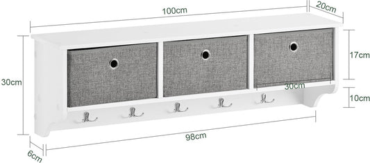SoBuy FRG282-W Wandkapstok met 3 Lades – Kapstok met 5 Haken & Opbergvakken, Wandrek Halmeubel, Wit-Grijs, 100x20x30cm