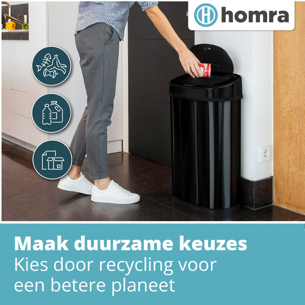 Homra Fonix Sensor Prullenbak 50L – Automatisch Deksel – Zwart RVS