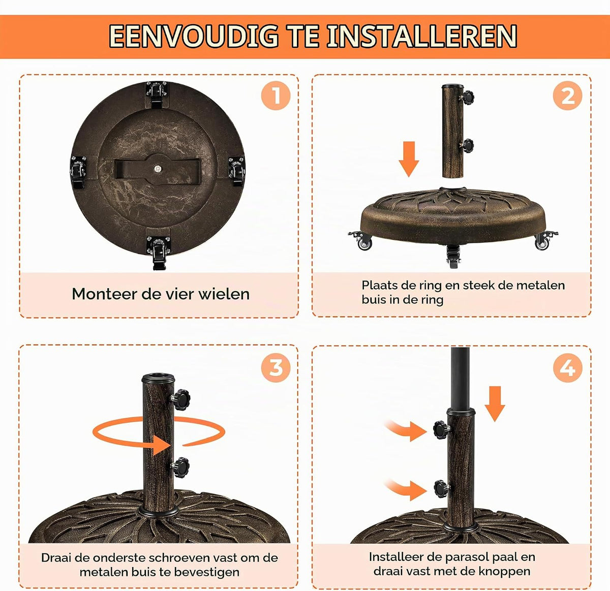 Yaheetech Parasolvoet met Wielen 50,5 x 42 cm - Bronze - Geschikt voor Parasolstokken ø34/38/48 mm