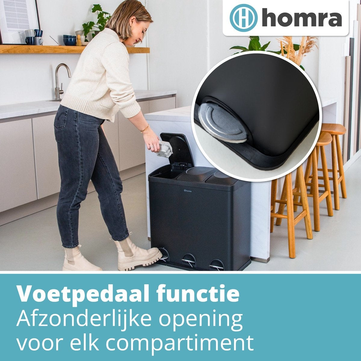 Homra Maxer Prullenbak Met 3 Vakken - 60L (3x20L) - 34 x 60.5 x 60.5 cm - Zwart
