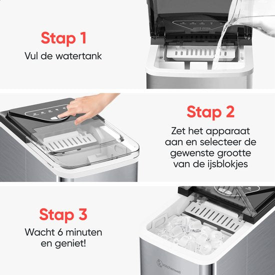 Kitchenwell IJsblokjesmaker – Voorzien Van 2L Watertank En 2 IJsblokjesopties En Rvs Behuizing – Voor Cocktails En Frisdranken – Grijs Roestvrij Staal – 12 kg per 24 Uur