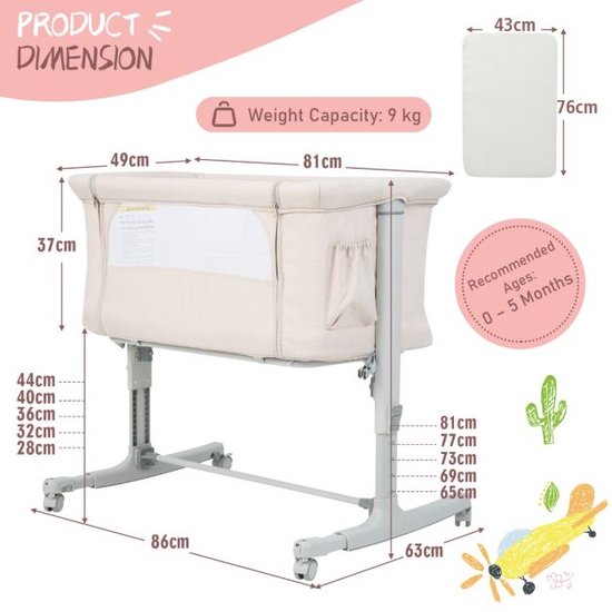 3-in-1 Baby Wiegje met 5-Standen Verstelbare Hoogte 10° Kanteling Draagbaar Wiegje voor Baby & Kind Beige/Grijs/Lichtgrijs