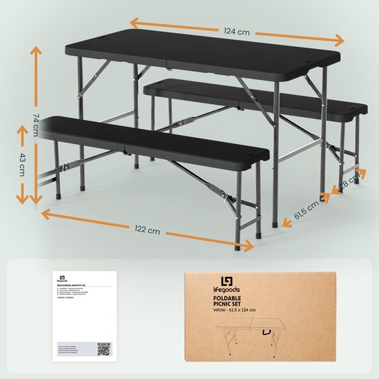 LifeGoods Inklapbare Picknickset - 124cm x 61,5cm - Tuintafel met 2 Banken - Weerbestendig - Campingtafel - Biertafel Opklapbaar - Voor Binnen en Buiten - Voor 4 tot 6 Personen - Zwart