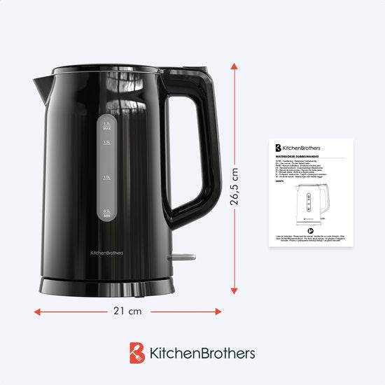 KitchenBrothers Waterkoker - Elektrisch - 1,7 Liter - Met Kalkfilter - Dubbelwandig - Cool-touch - Zwart