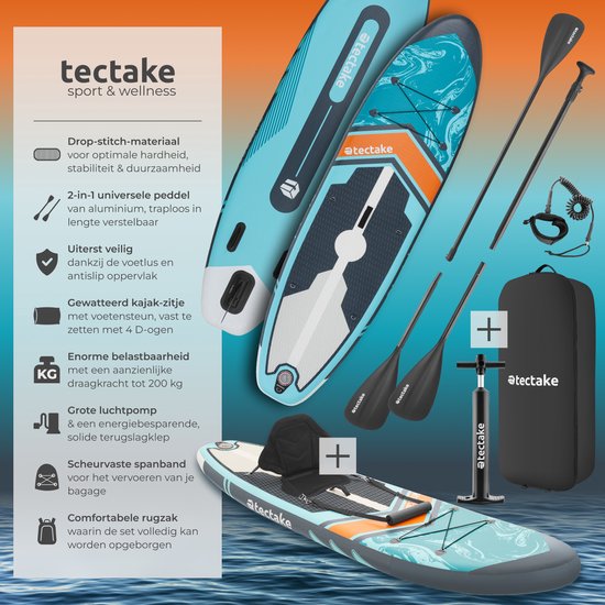 tectake® Stand-Up Paddle Board - SUP Plank - Opblaasbaar - Stabiel - 288 x 77 x 22,5 cm - Max 200kg - Oranje Turqoois