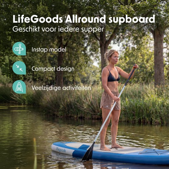LifeGoods SUP Board Allround Compact - met Zitje - 100 KG Draagkracht - 300 x 76 cm - Opblaasbaar - Compleet SUP pakket - Blauw