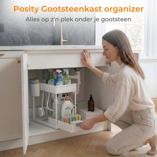 Posity Gootsteenkast Organizer - Keukenkastje Organizer - Schuiflade - Kast Organizer - Badkamer Organizer - Aanrecht Organiser - 1 Uitschuifbare Lade - Wit