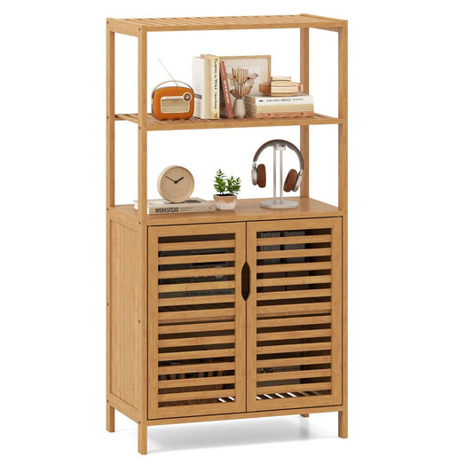 Coast Bamboe Boekenkast met Deuren – 4-Laags Opbergkast met Lamellendeuren – 60 x 33 x 116 cm – Naturel