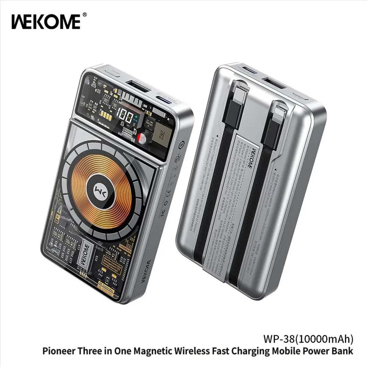 WEKOME Pioneer 10,000 mAh Magnetic Three-in-One Mobile Power Bank WP-38 Suitable for Apple, Huawei, Samsung, and Xiaomi Phones