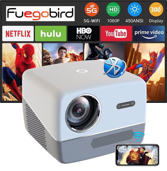 Fuegobird A6 Beamer - 1080P Full HD - Smart Home Projector - Ondersteuning 4K - Android TV 9.0 - 450 ANSI - Streamen met IOS & Android - Autofocus en 4D keystone - 2GB RAM+32GB ROM - WiFi6 - 2.4G/5G WiFi - BT5.0 - Netflix/Prime Video/Youtube - Grijs
