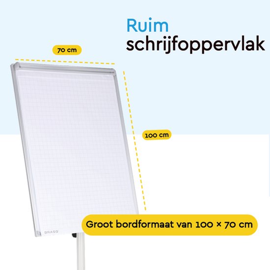 BRASQ Flipover Verrijdbaar - 70x100 cm - Verstelbaar Whiteboard - Inclusief 25 vellen papier, 4 stiften, 8 magneten, wisser - Flipover met papierklem en haken - Magnetisch bord - Magneetbord - Wit