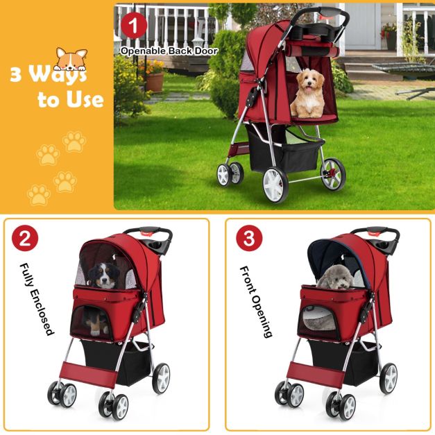 COAST 4-Wiel Opvouwbare Honden- en Kattenwagen Hondenwagen Huisdierbuggy tot 15 kg met Netvensters/Bekerhouders/Aanhangers Rood