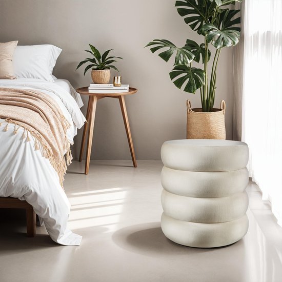 tectake® Kruk met opbergruimte - Scandi kruk fluweelstof - Ronde gestoffeerde poef voor kaptafel, slaapkamer, woonkamer of als halmeubel - Opbergkruk - creme