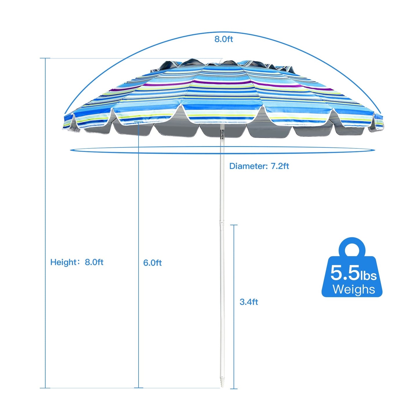 Coast Parasol Strandparasol - 243cm - Donkerblauw/lichtblauw/gekleurd