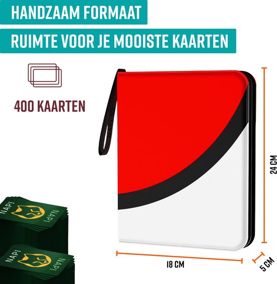 NAPI Verzamelmap voor 400 Kaarten - Binder Map voor Kaarten - 4 Pocket - Kunstleer - Premium Card Binder met Ritssluiting - 50 Pagina's - A5 Formaat - Rood/Wit