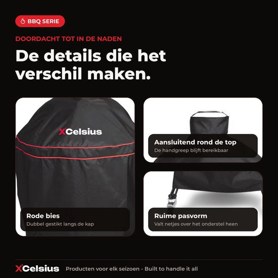 XCelsius® Kamado BBQ Hoes Large (L) 20-22 inch - 600D Waterafstotende Barbecue Kamado Beschermhoes - Met Verstelbare banden - Zwart met Rood