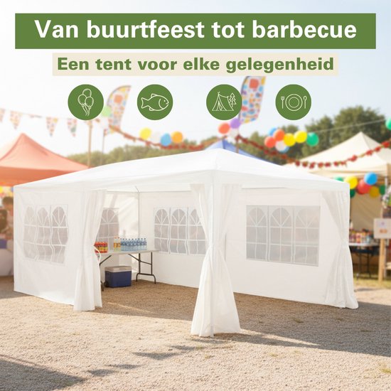 Kinzo Partytent 3x6 m - Tent Paviljoen voor 70 Personen - Tuinpaviljoen met 6 Zijwanden - Tuintent met Nokhoogte 2.5m - Feesttent Waterdicht en UV Bestendig - Wit