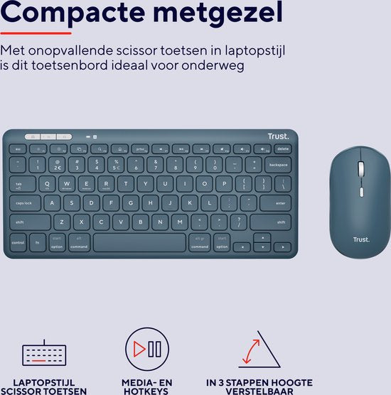 Trust Lyra - Draadloos Toetsenbord en Muis - Multi connect - Qwerty US - Blauw
