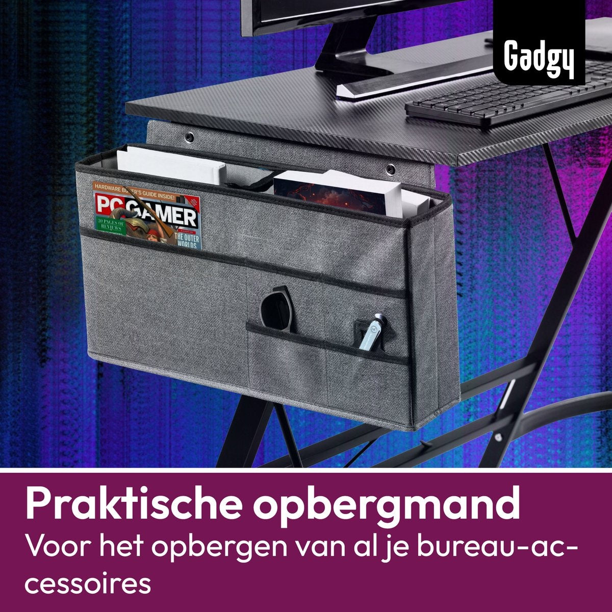 Gadgy Game Bureau Carbon PRO - Gaming HoekBureau 130 CM Breed - Gaming Bureau met Carbon Details - Gaming Desk L-vorm met Koptelefoonhouder, Scherm Verhoging & Opbergmand - Level Up met Gadgy - Zwart Carbon