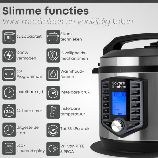 Savoré Kitchen Pressure Cooker – 6L – PFAS Vrij – Snelkookpan, Rijstkoker, Slowcooker, Stomer & Sous-vide in één – Multicooker