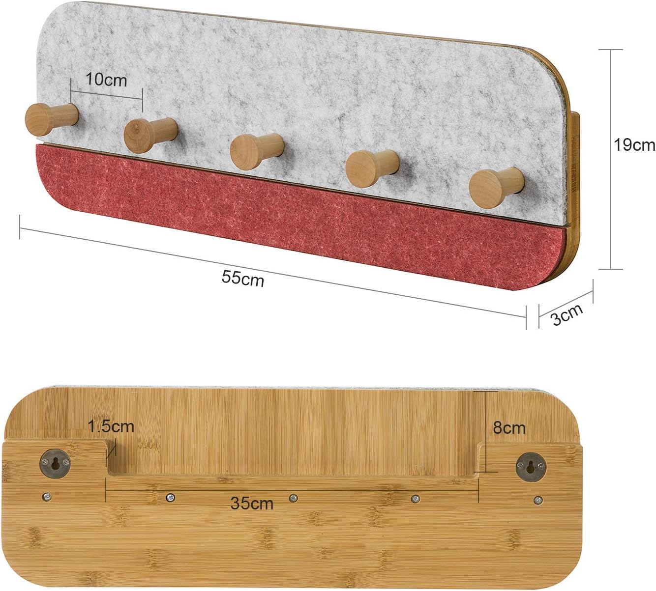 SoBuy FHK16-R Wandkapstok – 5 Haken – Bamboe & Vilt – 55 x 3 x 19 cm – Rood