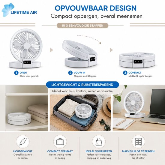Lifetime Air Tafelventilator Oplaadbaar - Mini USB Ventilator 1200mAh - 5 Snelheden En LED Display - 21x20,5x23cm - Wit