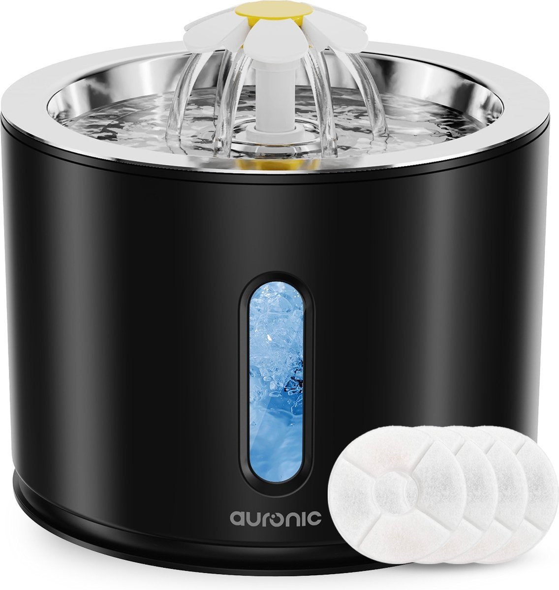 Auronic Drinkfontein voor Katten en Honden - 2,4L - Incl. 4 Filters en 2 Borstels - Zwart