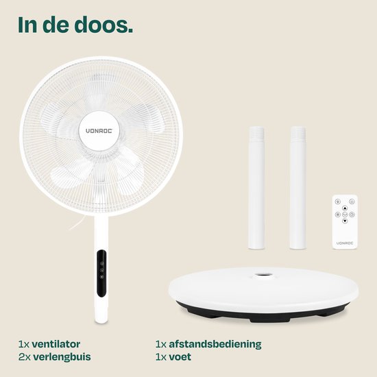 VONROC Vloerventilator - Ø 45,5cm - 4 snelheden & slaapmodus – timer - verstelbaar in 3 hoogtes - incl. afstandsbediening - wit