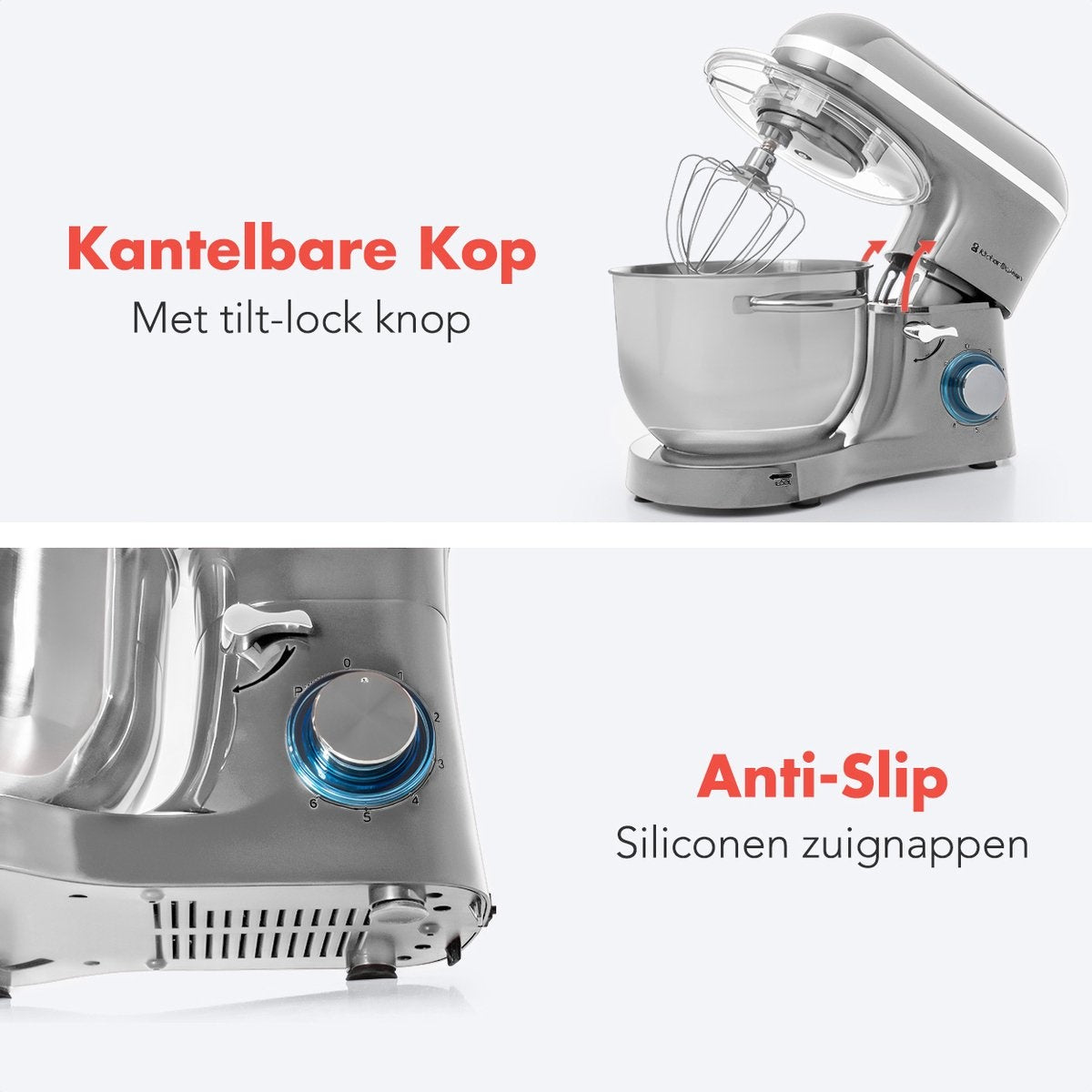 KitchenBrothers Keukenmachine & Mixer – 2000W – 6 Snelheden + Pulse – 6,2L RVS Mengkom – 38,7 x 23,8 x 31,4 cm – Zilver
